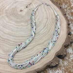 1990s SOUTHWEST STYLE Sterling 50-Strand Liquid Silver Necklace Multicolor Beads